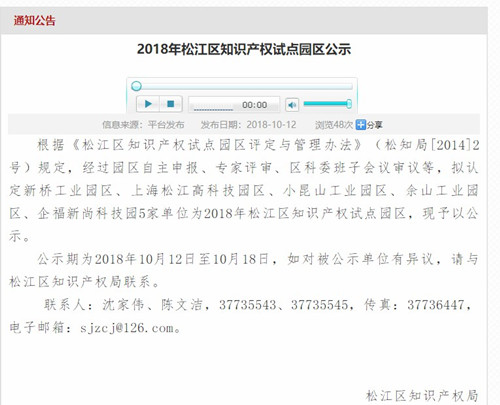 企福新尚科技園被認定為2018年松江區知識產權試點園區